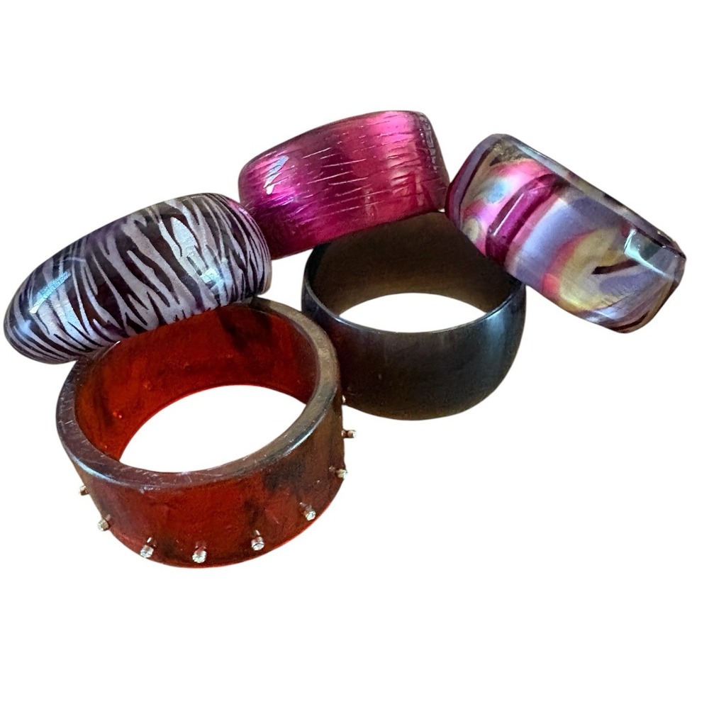 5 VTG Bracelet Bangles Chunky Lucite/Plastic Purple Pink Yellow Stackable READ